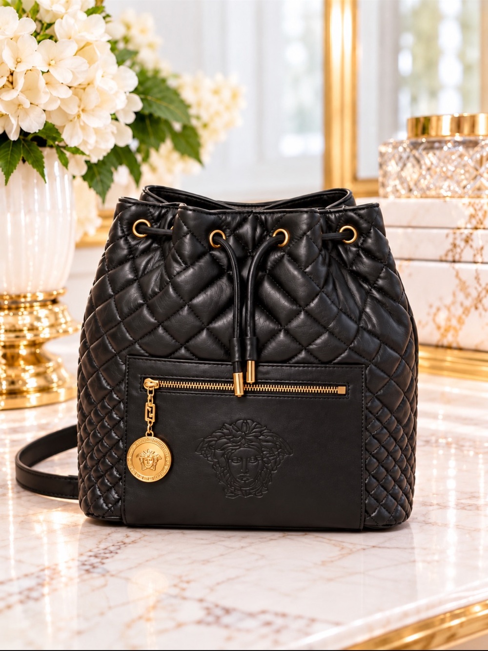 VERSACE Black Quilted Medusa Backpack COA